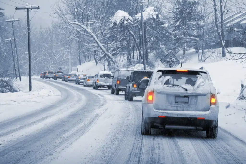 Cars driving on a snowy road